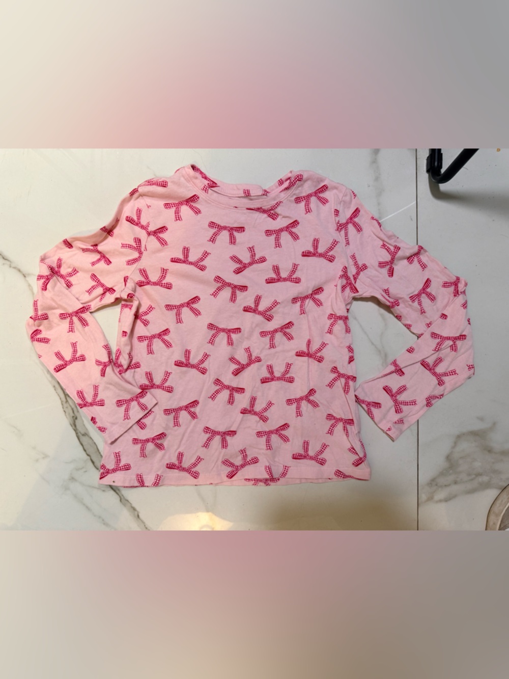 Old Navy Pink Long Sleeve Tee with Red Plaid Bow Prints